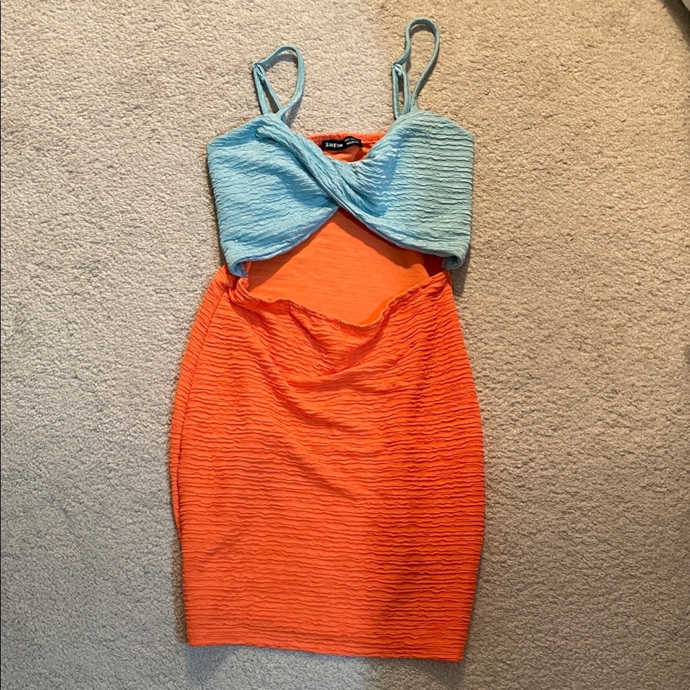 Bebe Backless Blue and Orange Dress